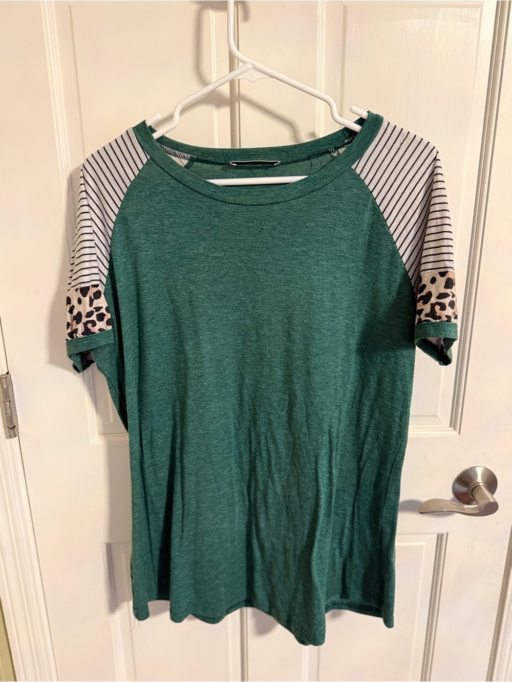 Women's Short Sleeve Tee in Green with Striped & Leopard Accent